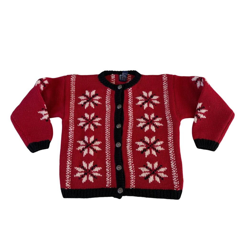 Vtg Y2K 2000s Red Wool Nordic Print Snowflake Cardigan Sz M Holiday Christmas